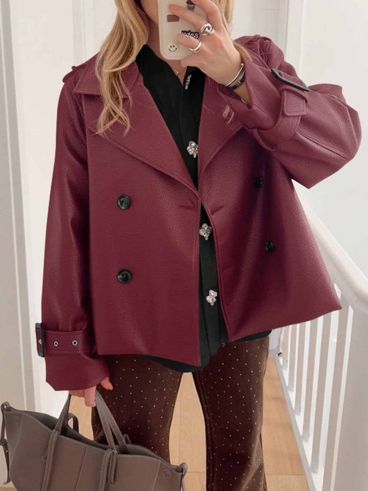 Yousify Womens Textured Faux Leather Jackets Oversized Button Down Motorcycle Clothes Casual Fall Trendy Coat Outerwear