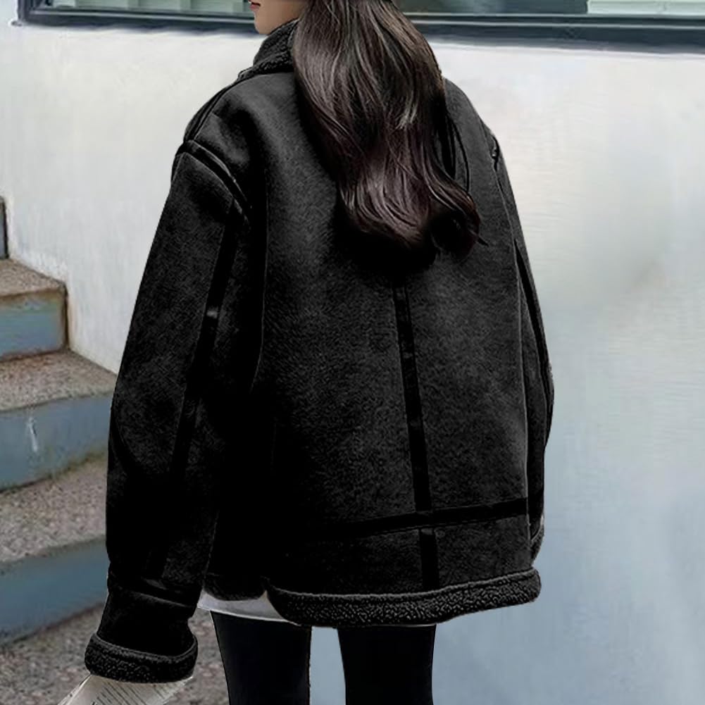 loveimgs Women Oversized Faux Suede Moto Jacket Sherpa Fleece Lined Leather Jacket Aviator Shearling Fur Coat Overcoat (Large, Black)