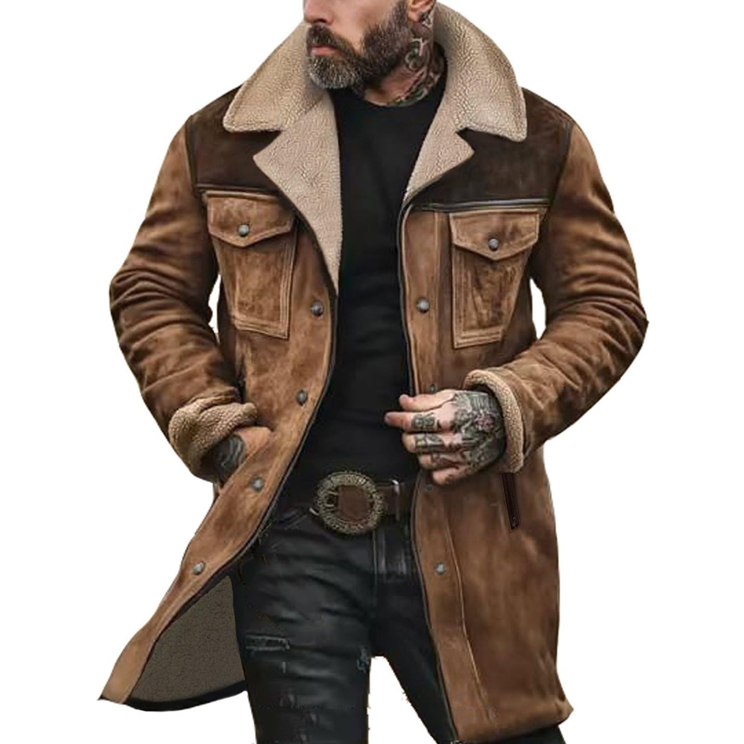Mens Western Cowboy Vintage Suede Jacket Plush Collar Coats Faux Leather Winter Long Jackets Zip Up Casual Retro Tops(1C-Khaki, XL)