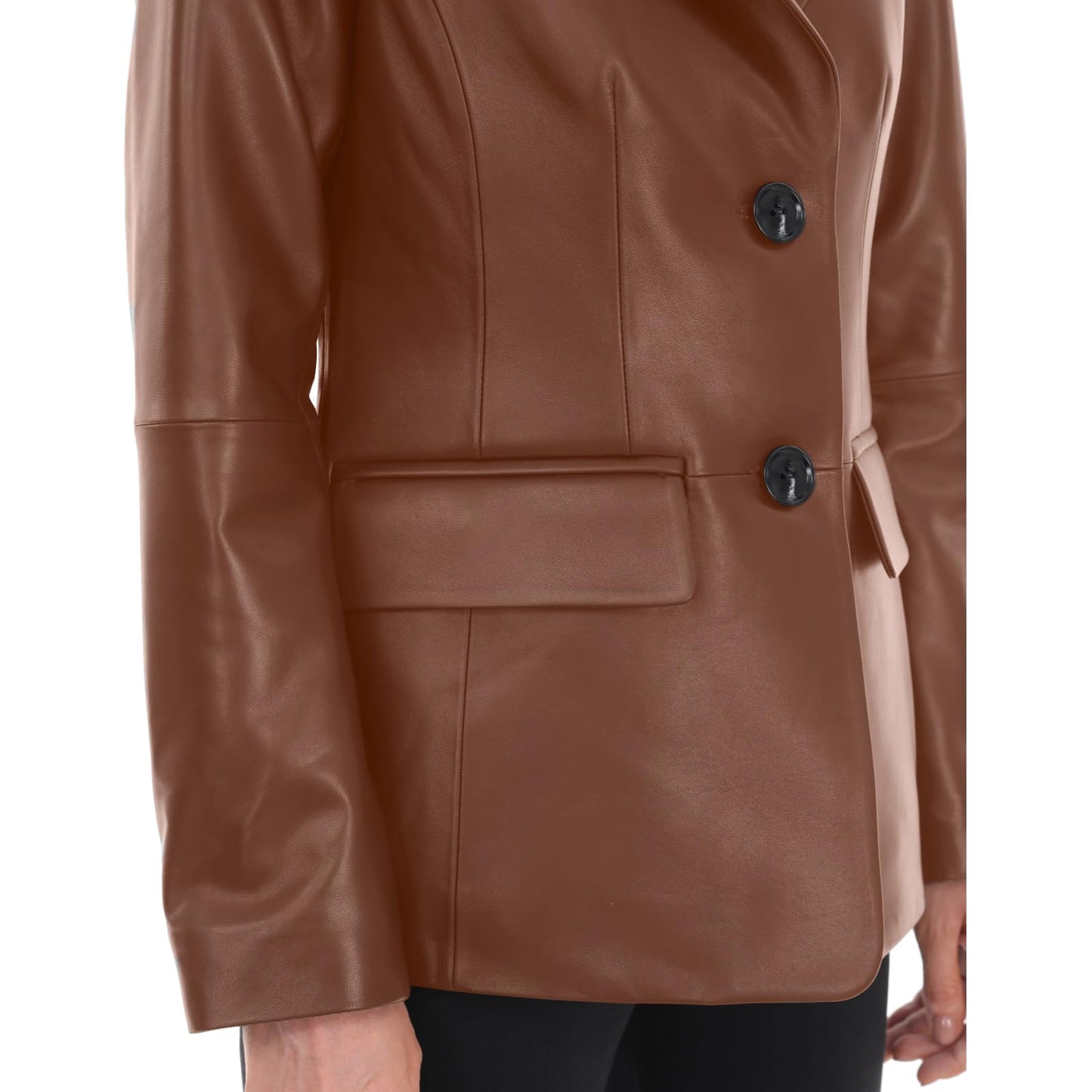 SILVER FASHIONS Lambskin Leather Jacket Women,Long Sleeve Button Front Leather Blazer,Notched Lapel Casual Style,Vent Detail (Small,Brown)
