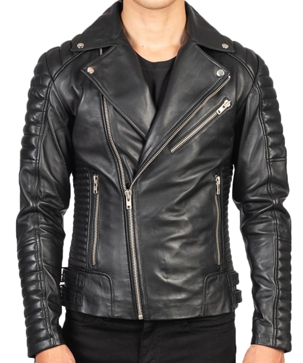 USTRADEENT 2024 Genuine Leather Biker Jacket for Men - 100% Lambskin Leather Biker Brown Vintage Jacket… (US, Alpha, X-Large, Regular, Regular, Black)