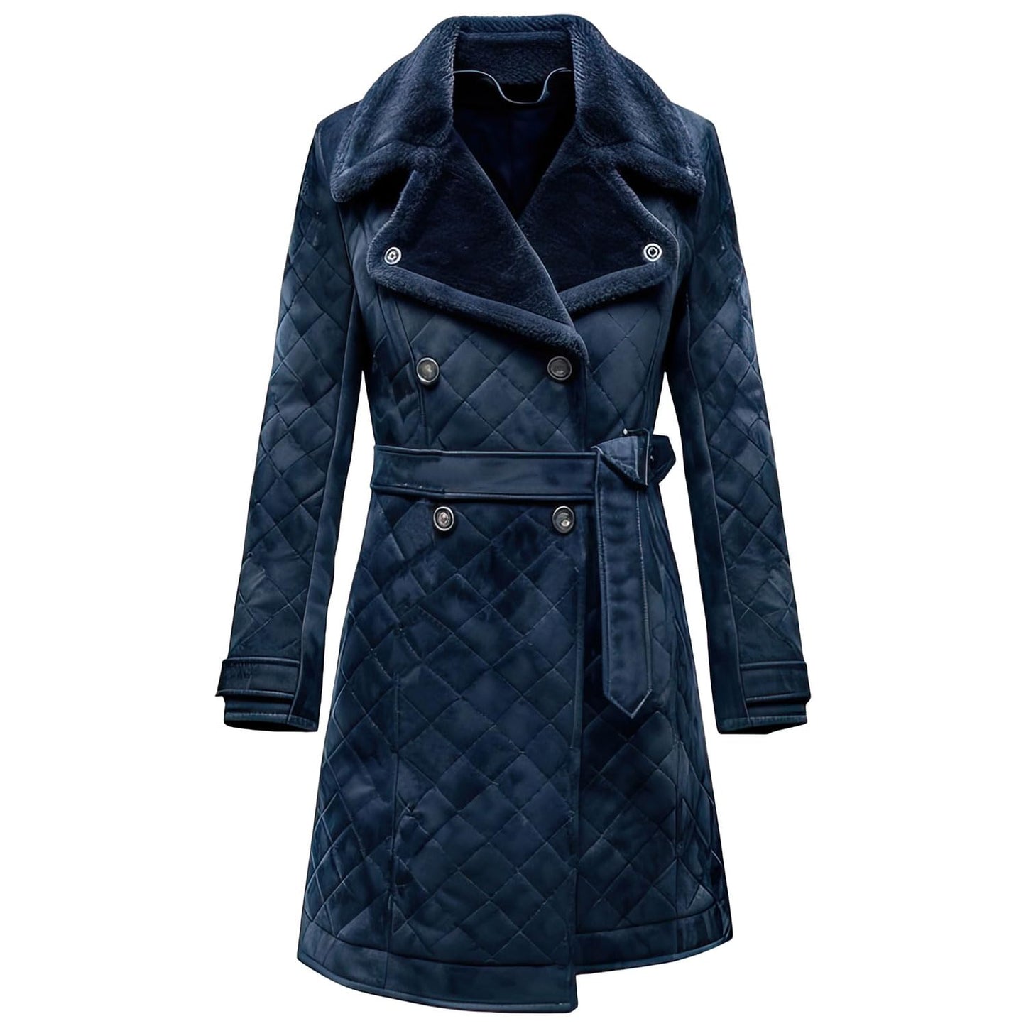 Women’s Navy Blue Suede Trench Coat Double Breasted Knee Length Autumn Quilted Leather Outerwear With Belt & Diamond Stitch (US, Alpha, X-Large, Regular, Regular, Navy Blue)