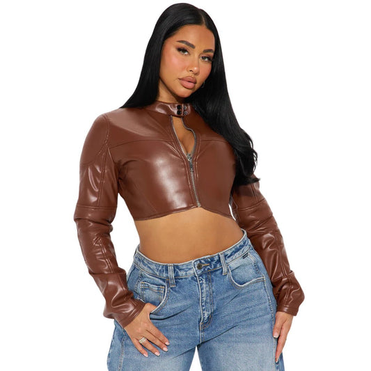 Charyeah Women's Faux Leather Jacket Cropped Leather Jacket Women Bomber Motorcycle Jacket y2k Jacket (US, Alpha, Small, Regular, Regular, Brown)