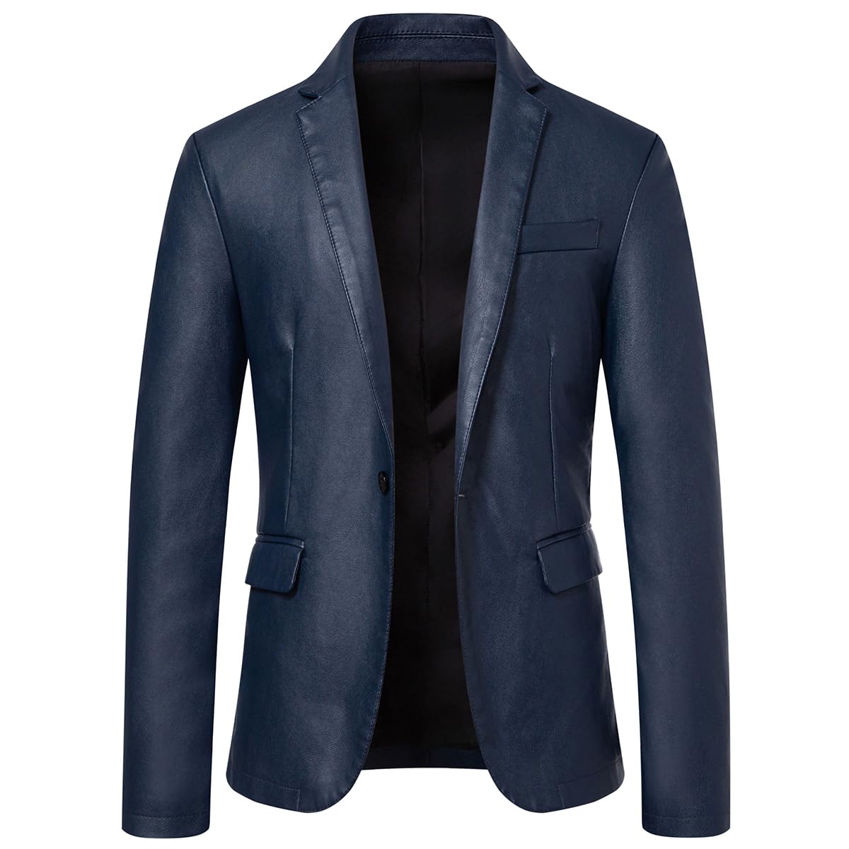 Womleys Men's Casual Notched Collar One Button Faux Leather Blazer Suit Jacket Sport Coats (Large, Blue)