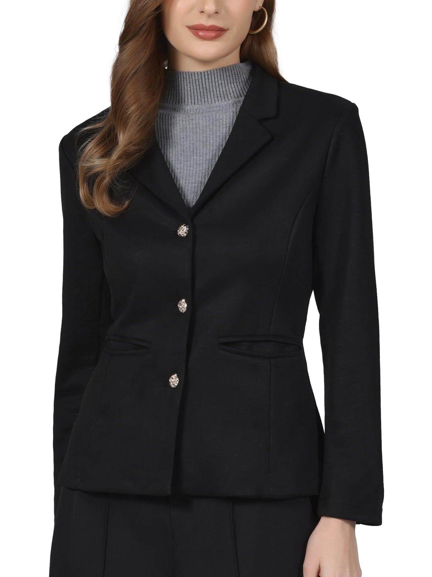 Hobemty Women Casual Faux Suede Lapel Collar Long Sleeve Blazer Black