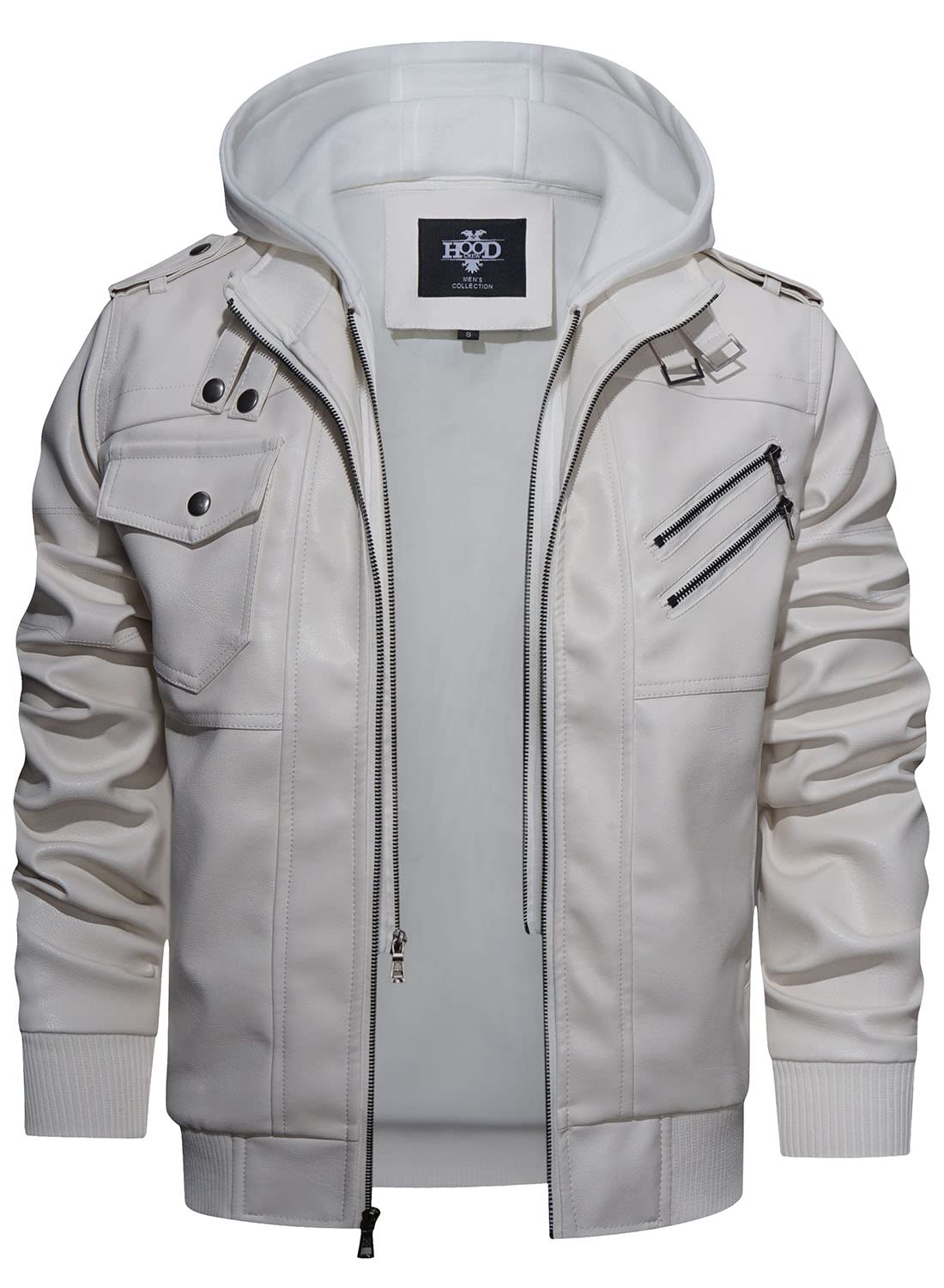 HOOD CREW Men’s Casual Stand Collar PU Faux Leather Zip-Up Motorcycle Bomber Jacket With a Removable Hood White L