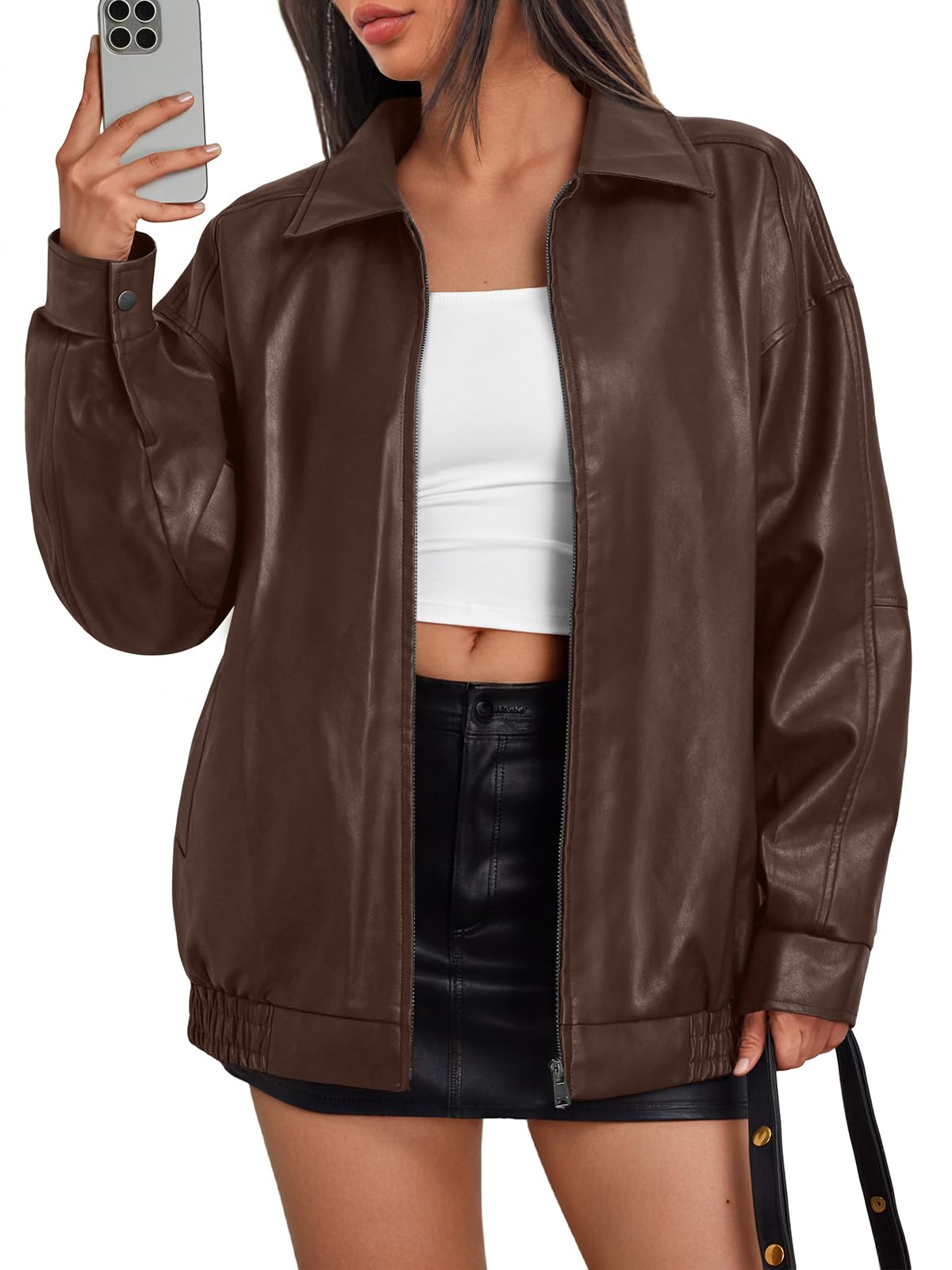 Trendy Queen Womens Leather Jacket, Oversized Spring Going Out & Everyday Statement Piece, Bomber Jackets Fall Moto Coat Brown L