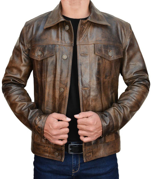 NM-Fashions Men's Trucker Lambskin Leather Vintage Motorcycle Western Biker Slim Fit Jacket Brown, Large