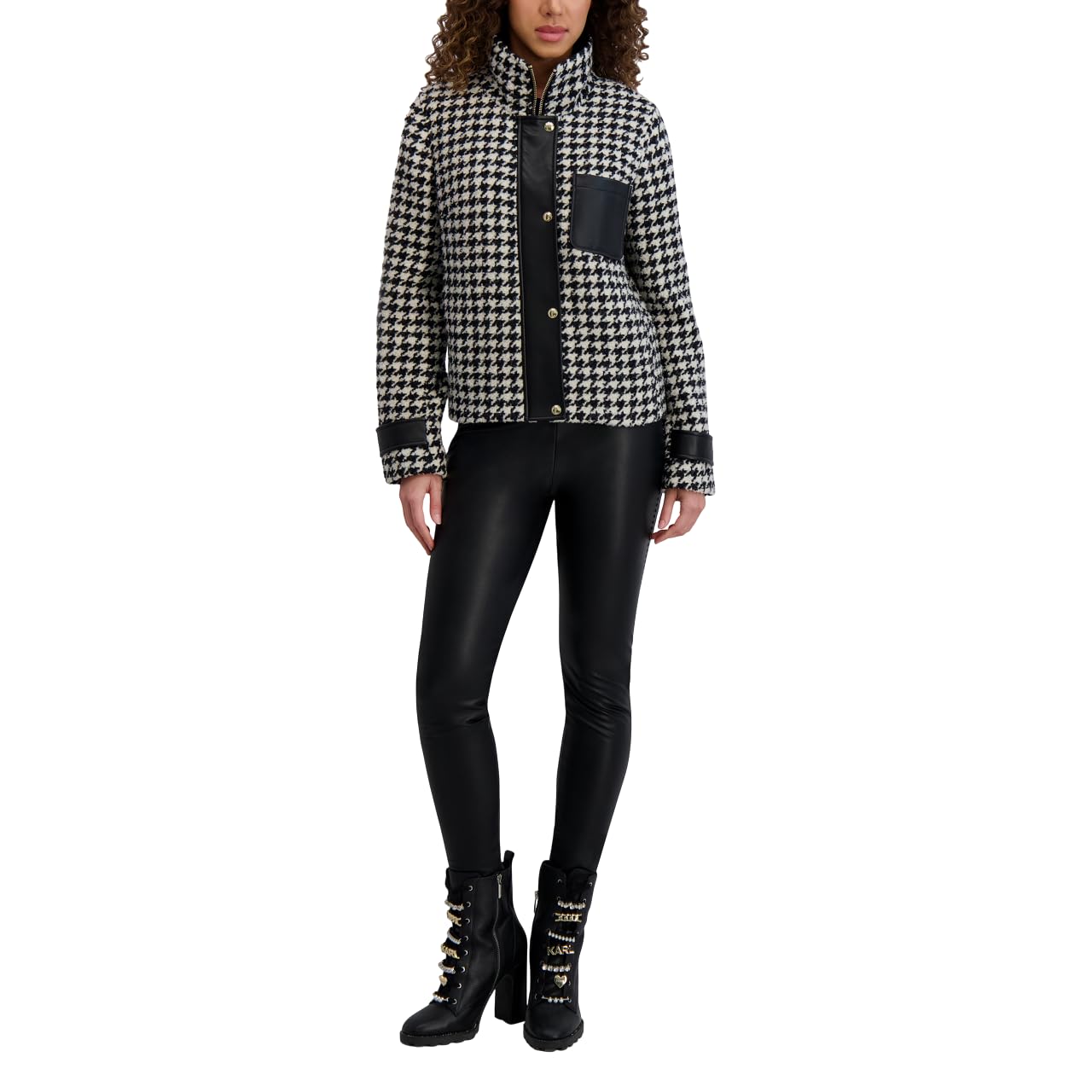 KARL LAGERFELD Paris Women's Houndstooth Short Jacket with Faux Leather Trim Black/White, X-Large
