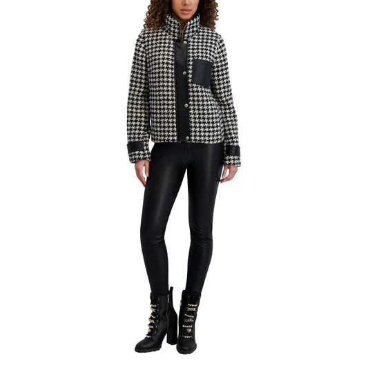 KARL LAGERFELD Paris Women's Houndstooth Short Jacket with Faux Leather Trim Black/White, X-Large