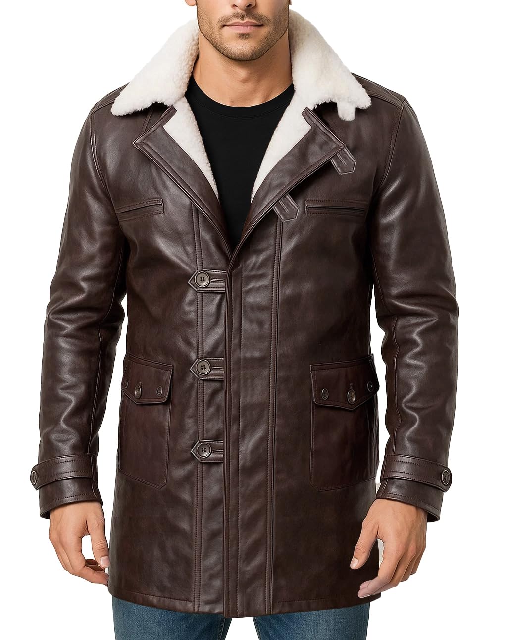 LP-FACON Mens Winter Fur Shearling BN Coat Jacket Brown Faux Leather Overcoat