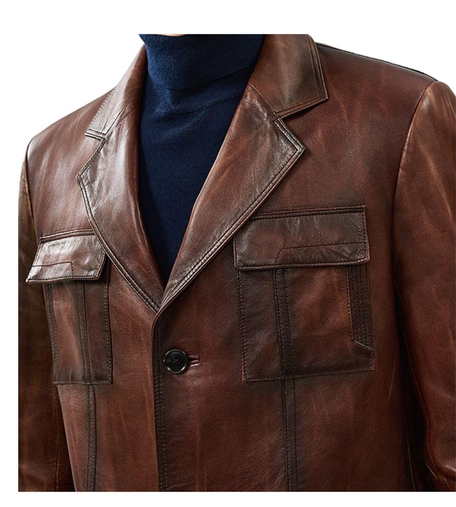 Brown Leather Blazer Men Vintage Italian Blazers Real Lambskin Leather Sports Coat Buttons Jacket X-Large