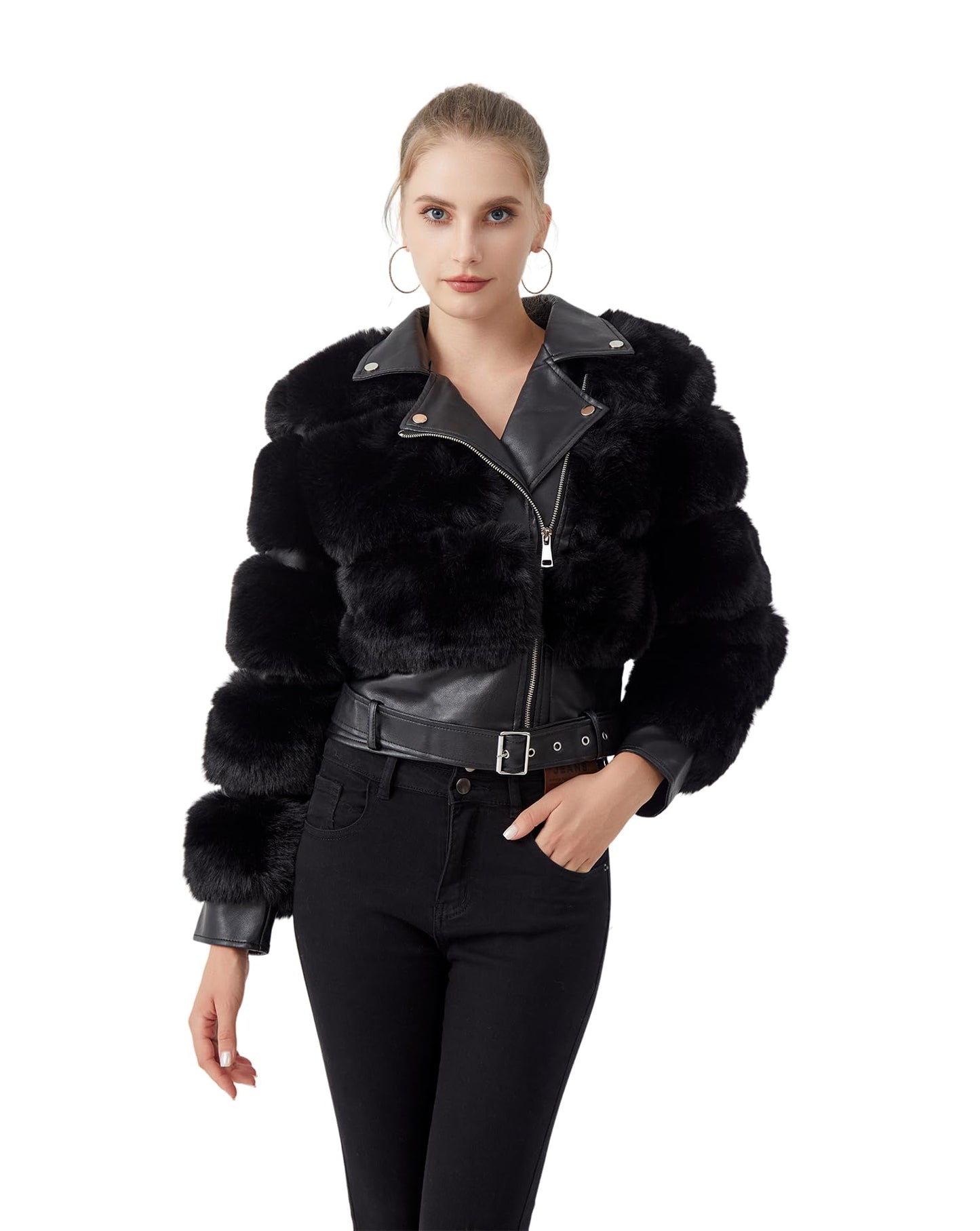 GRAN ORIENTE Women's Moto Style Cropped Faux Fur Jacket,Faux Leather Belted Biker Coat,Zip Up Plush Winter Outerwear (GK098A Black, M)