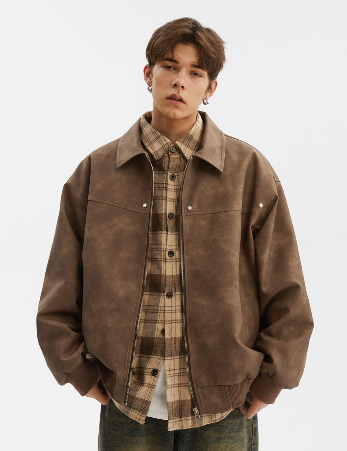 Fullneat Men’s Faux Leather Bomber Jacket Boxy Vintage Motorcycle Moto Coat Black Jacket Unisex Streetwear Zip Up Biker Outerwear Fashion Trendy Outfits for Men Women Casual Daily Wear Brown L