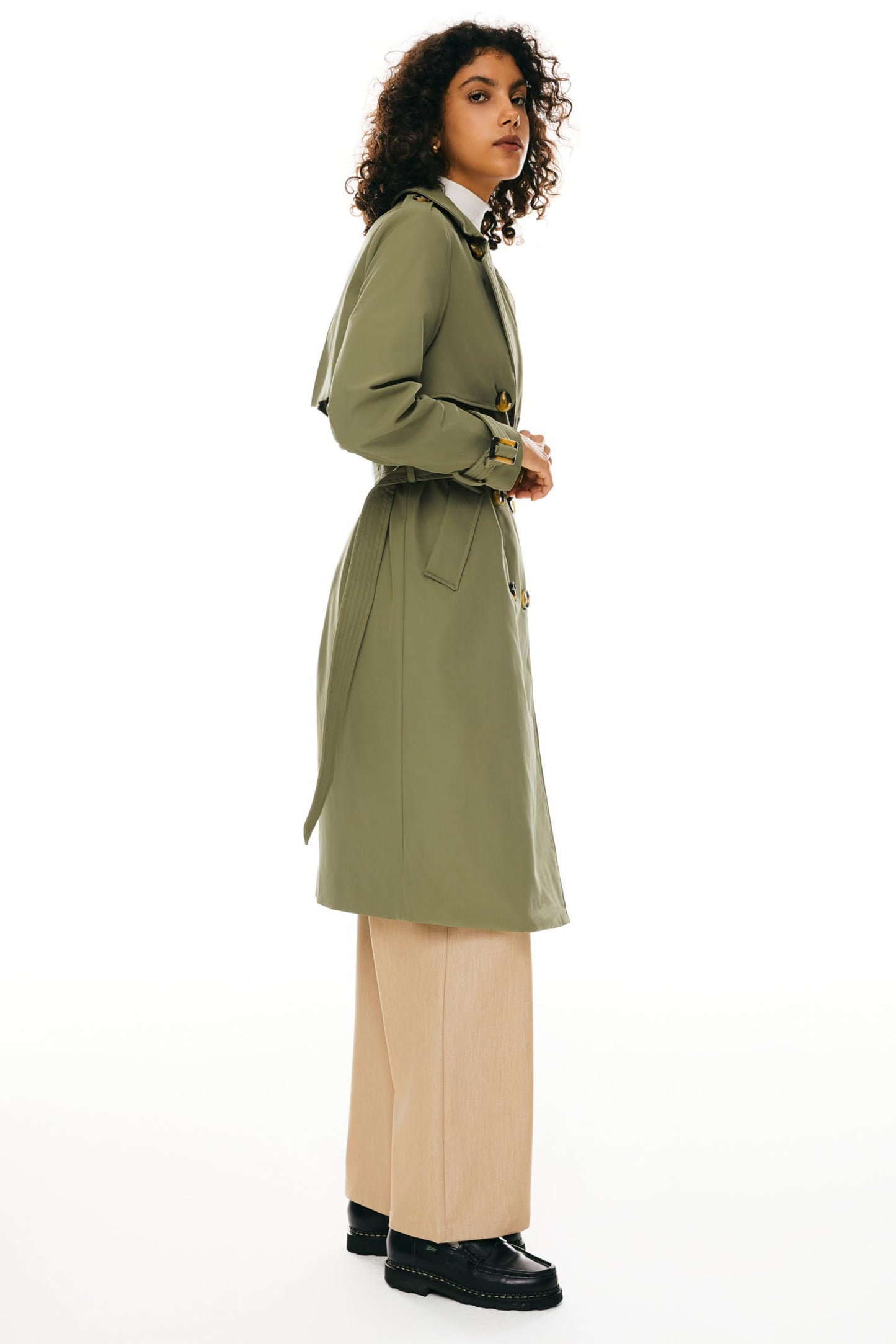 Orolay Women's 3/4 Length Double Breasted Trench Coat Lapel Jacket with Belt Green M