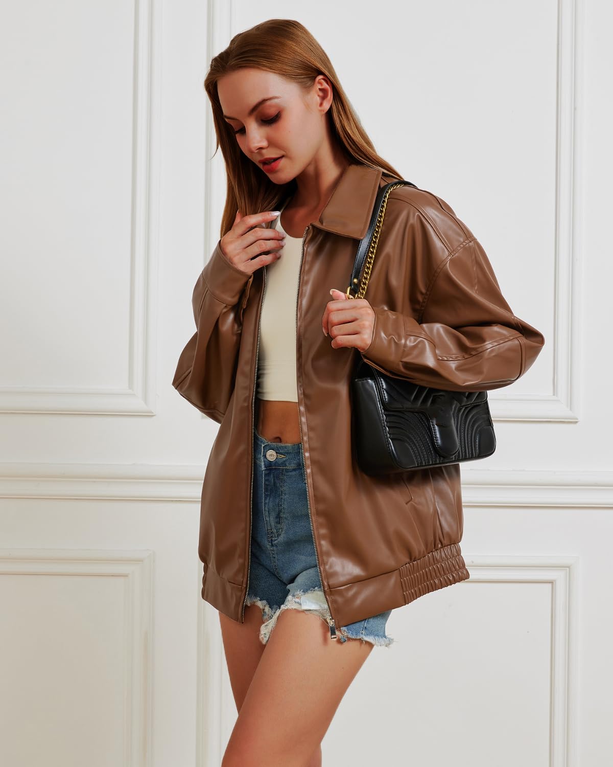Keoouure Leather Jacket Women Oversized Faux Jacket Fall Fashion Motorcycle Coat 2026 Outfits Clothes Y2k Tops