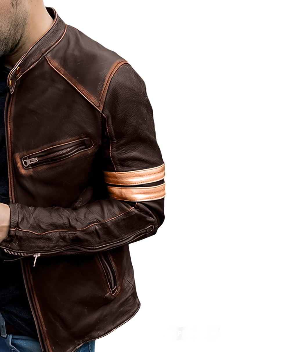 Jild Distressed Café Racer Brown Leather Jacket Men - Genuine Lambskin Leather Biker Style Mens Vintage Motorcycle Jacket (YP-Brn-M)