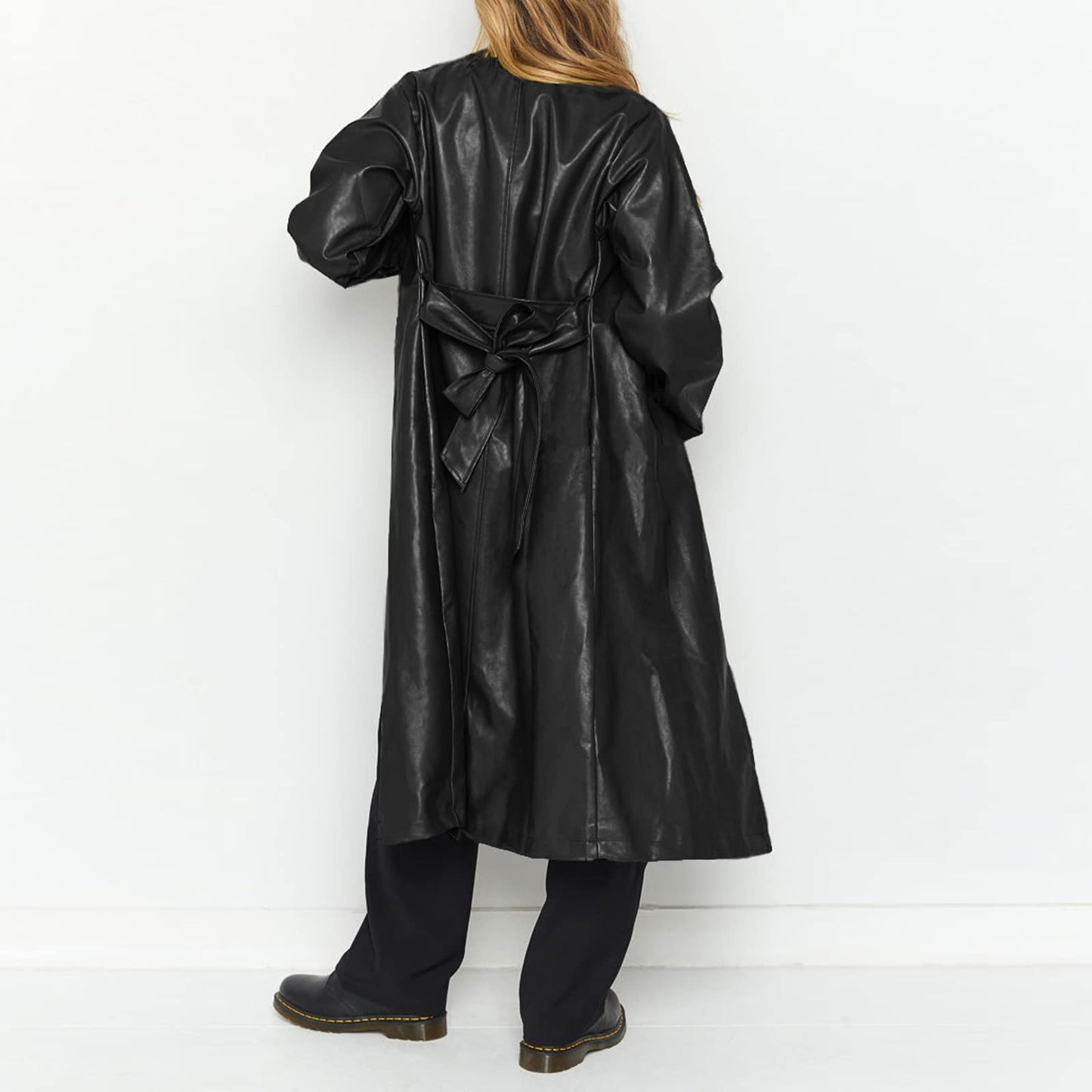 chouyatou Women's Casual Lapel Open Front Pu Faux Leather Long Trench Coat with Belt (Medium, Black)