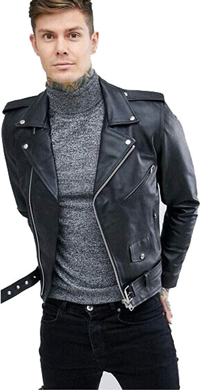 Lishow Fashion Men's Biker Rider Motorcycle Motorbike Rocker Retro Genuine Cowhide Leather jacket By Reclaimed Vintage (US, Alpha, Small, Regular, Regular, Black)