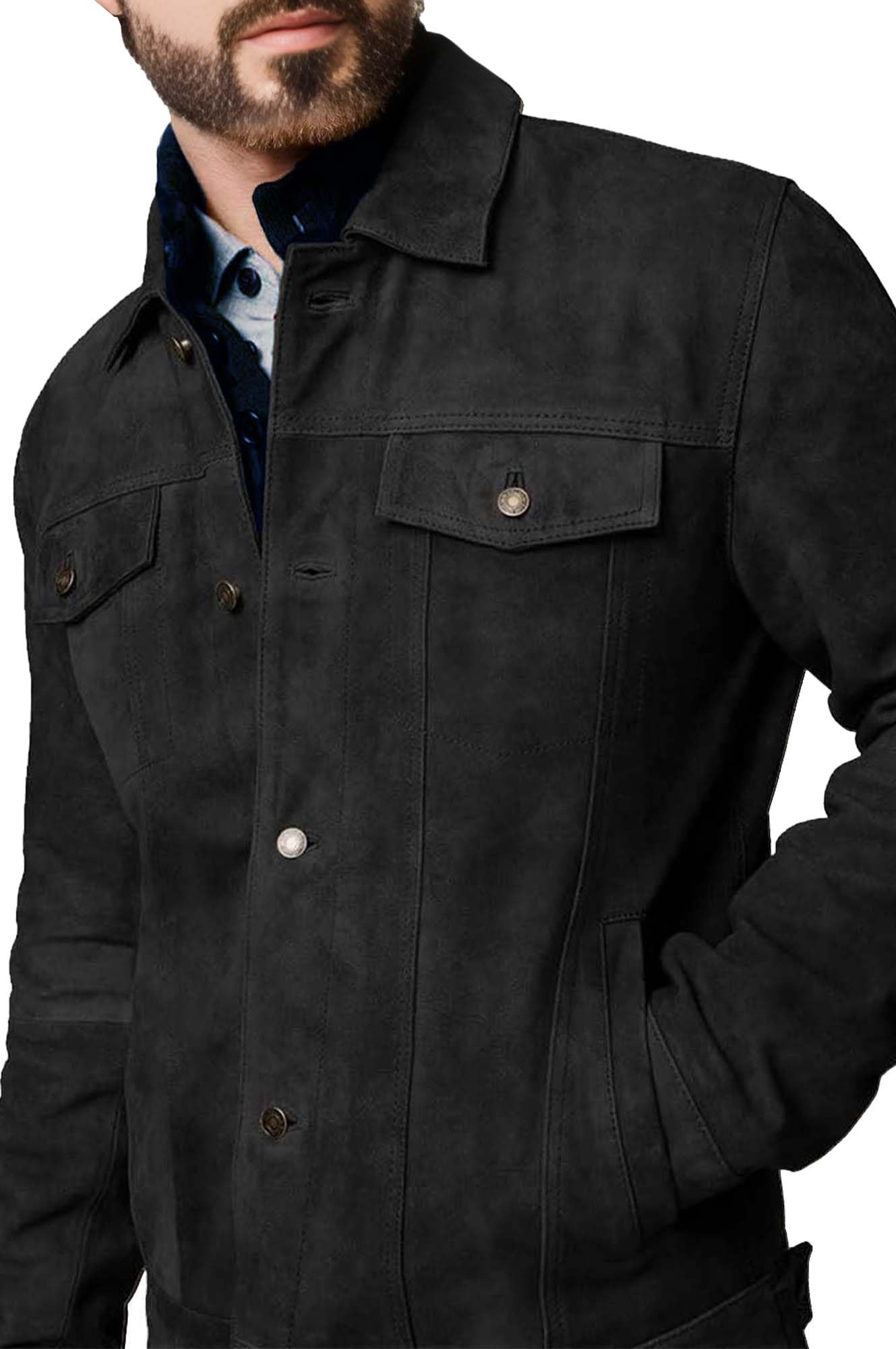 Cheemaz Suede Jacket for Men - Premium Suede Leather Bomber Jacket | Trucker Coat for Mens (as1, alpha, Medium, regular, regular, Black)