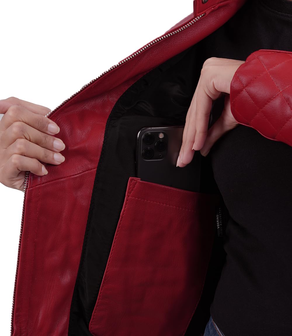 Decrum Disc Red Leather Jackets for Women - Quilted Jacket | [1303437] Red Andria, 3XL