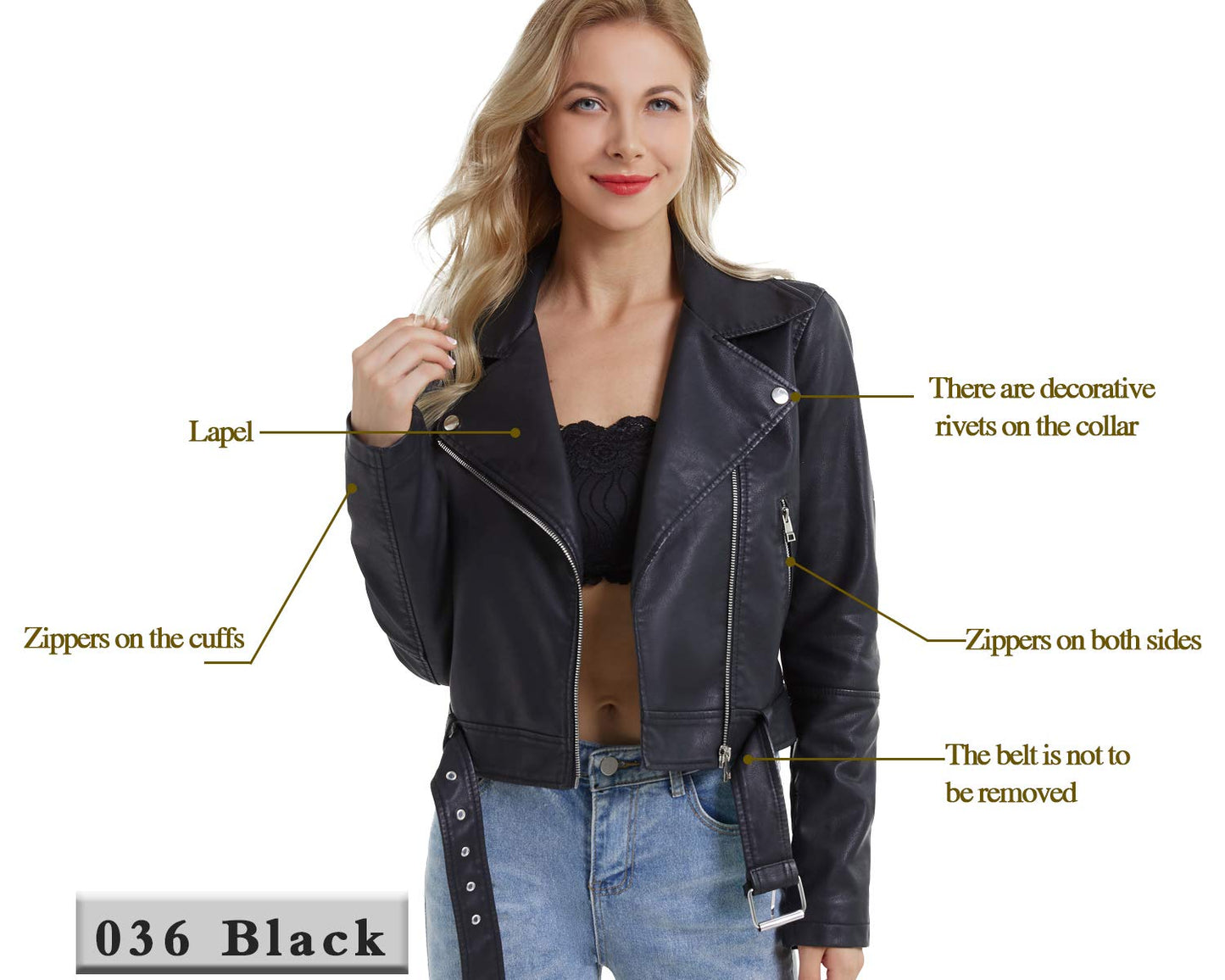 DIASHINY Black Faux Leather Jacket For Women With Belt PU Cropped Moto Biker Coat Motorcycle Crop Short Jacket 036 M
