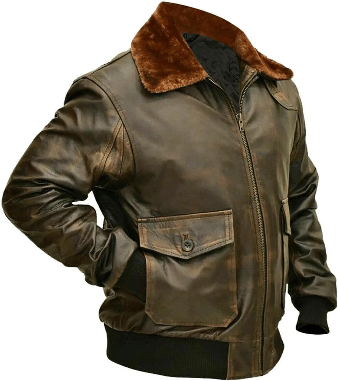 Mens G-1 Fur Collar US Navy Flight Distressed Brown Aviator Genuine Leather Jacket (L, Brown Real Leather Jacket)