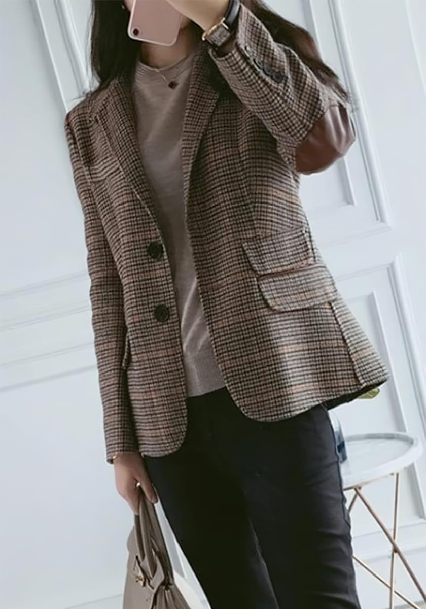 ebossy Womens Vintage Nothced Lapel Single Breasted Boyfriend Blazer Suits Houndstooth Plaid Jacket Coat with Patched Elbow (Medium,Khaki-a)
