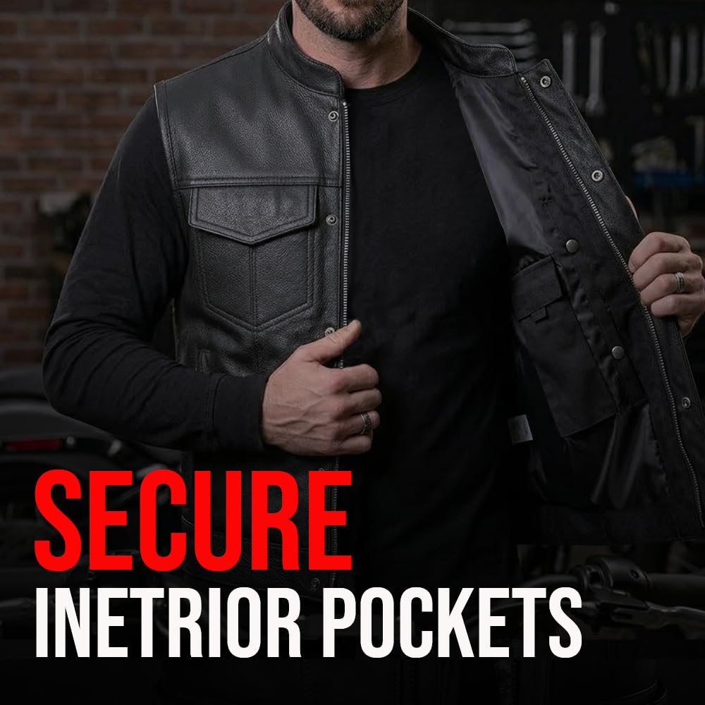 Jackets 4 Bikes Men’s SOA Motorcycle Vest – Premium Buffalo Leather Multiple Pockets Club Style Biker Vest with Metal Zippers Black XL
