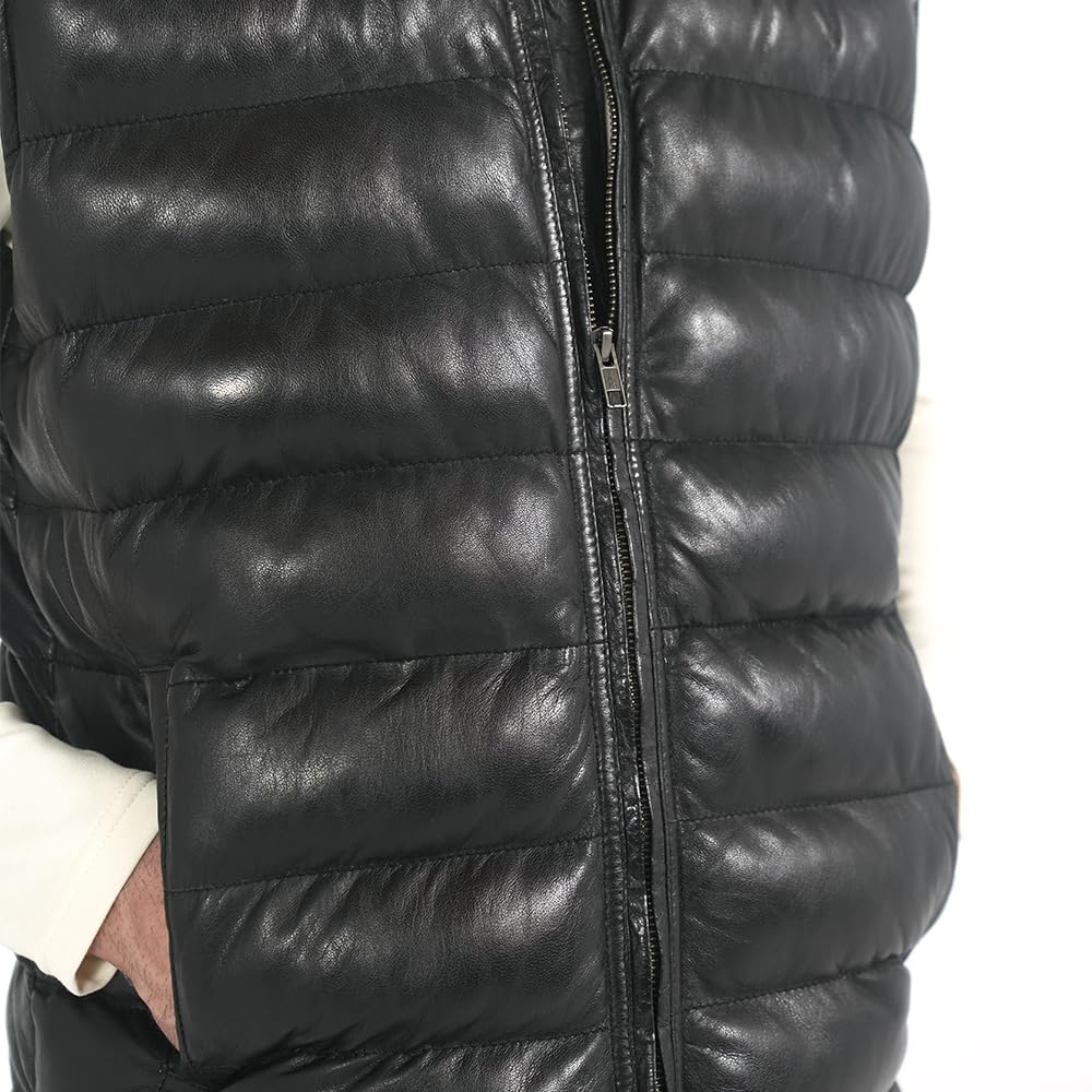 STREGA Men's Lambskin Leather Quilted Puffer Vest – Real Leather Sleeveless Jacket Men | Genuine Leather Down Waistcoat in Black – Medium
