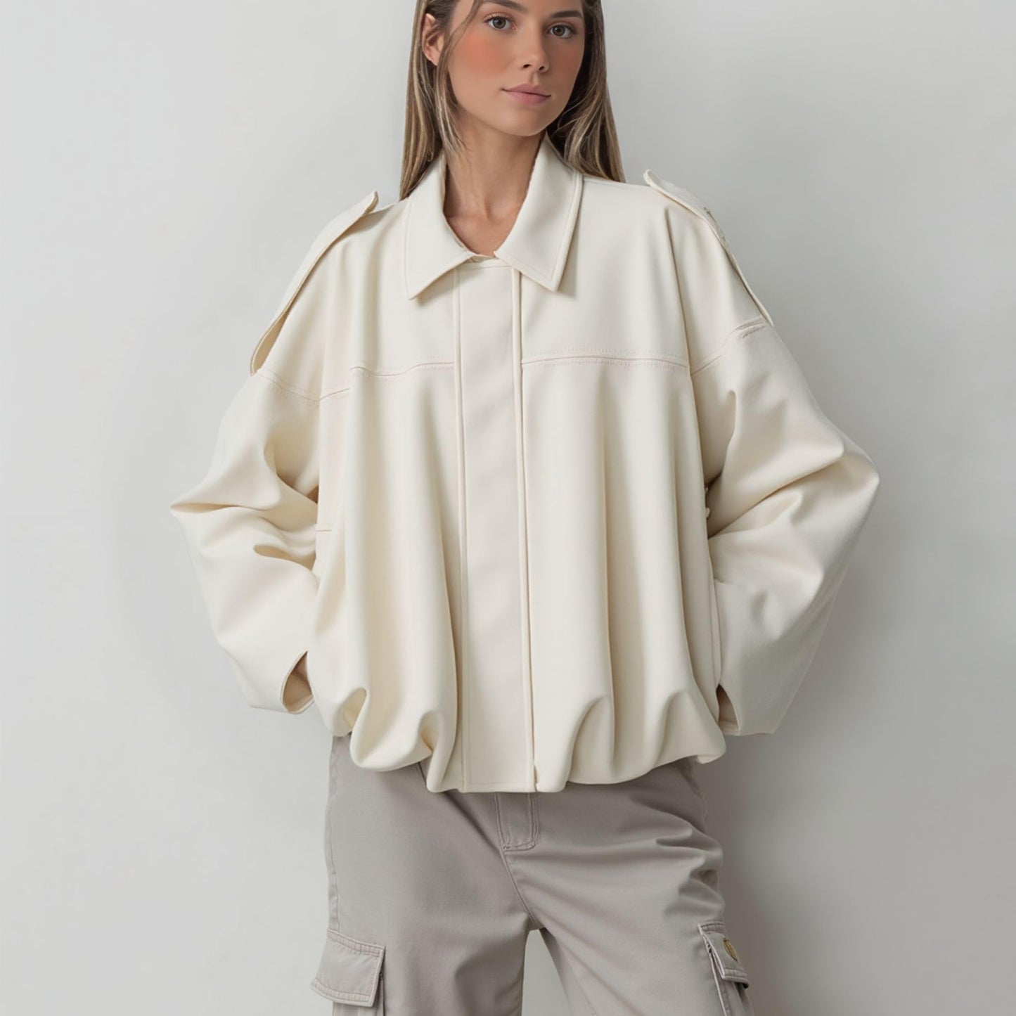 Xunger Women's Faux Suede Bomber Jacket Spring Lapel Pilot Coat Casual Oversized Long Sleeves Trendy Streetwear Outerwear(1026-01BeigePocket-L-RD)