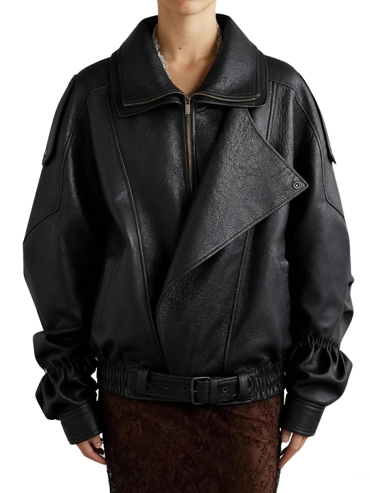 utcoco Women's Oversized Faux Leather Jacket Vintage Large Collar Belted Waist Moto Biker Jacket Casual Outwear (Medium, Black)