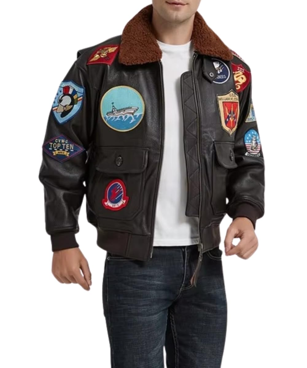 Mens Top Aviator USAAF Pilot Flying Tom Multiple Patches G1 Bomber Jacket Fur Collar Brown Bomber Leather Jacket (as1, alpha, s, regular, regular, Real Leather)
