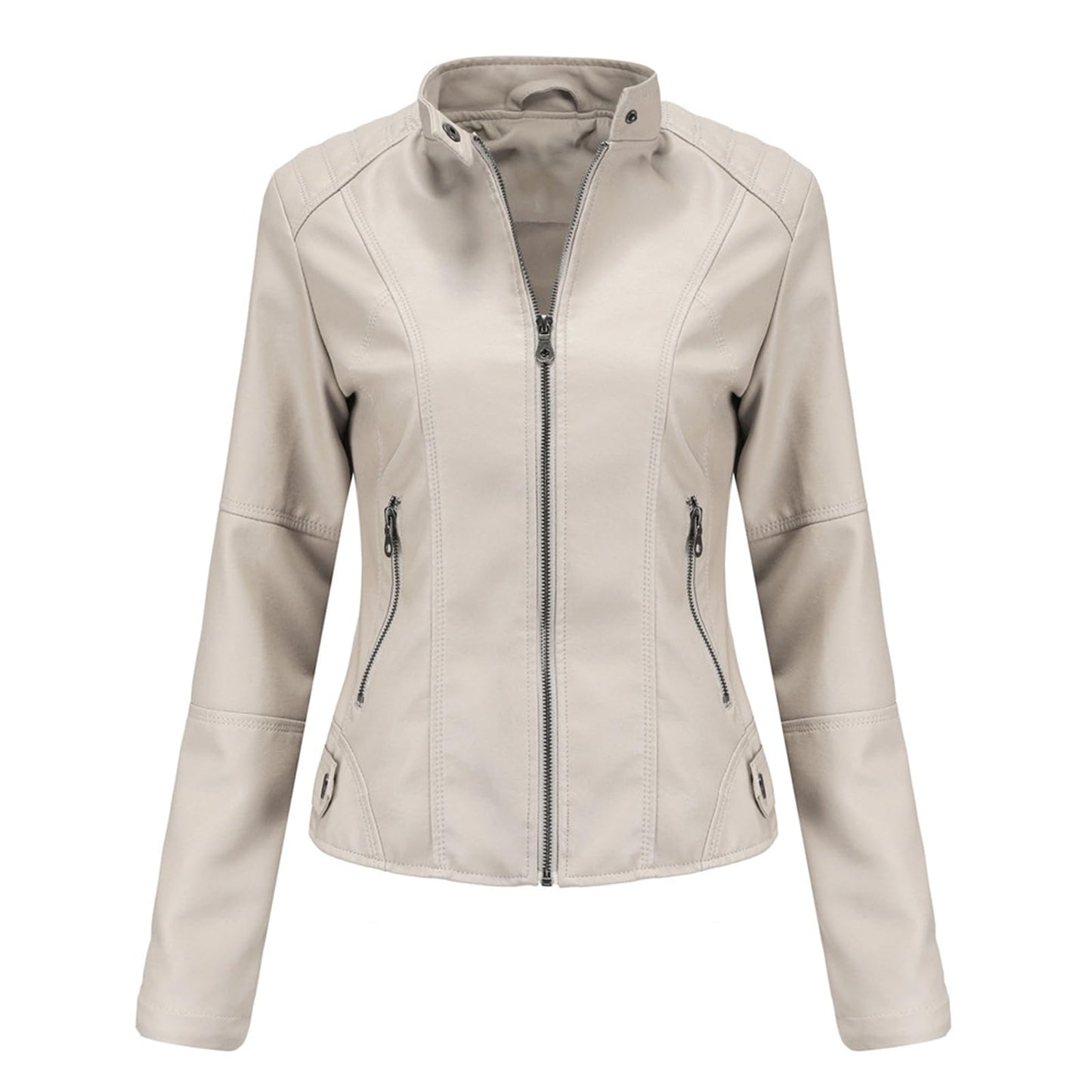 DEAR MODEL Faux Leather Jacket Women Bomber Jacket Women's Belted Motorcycle Jacket,Cream,M