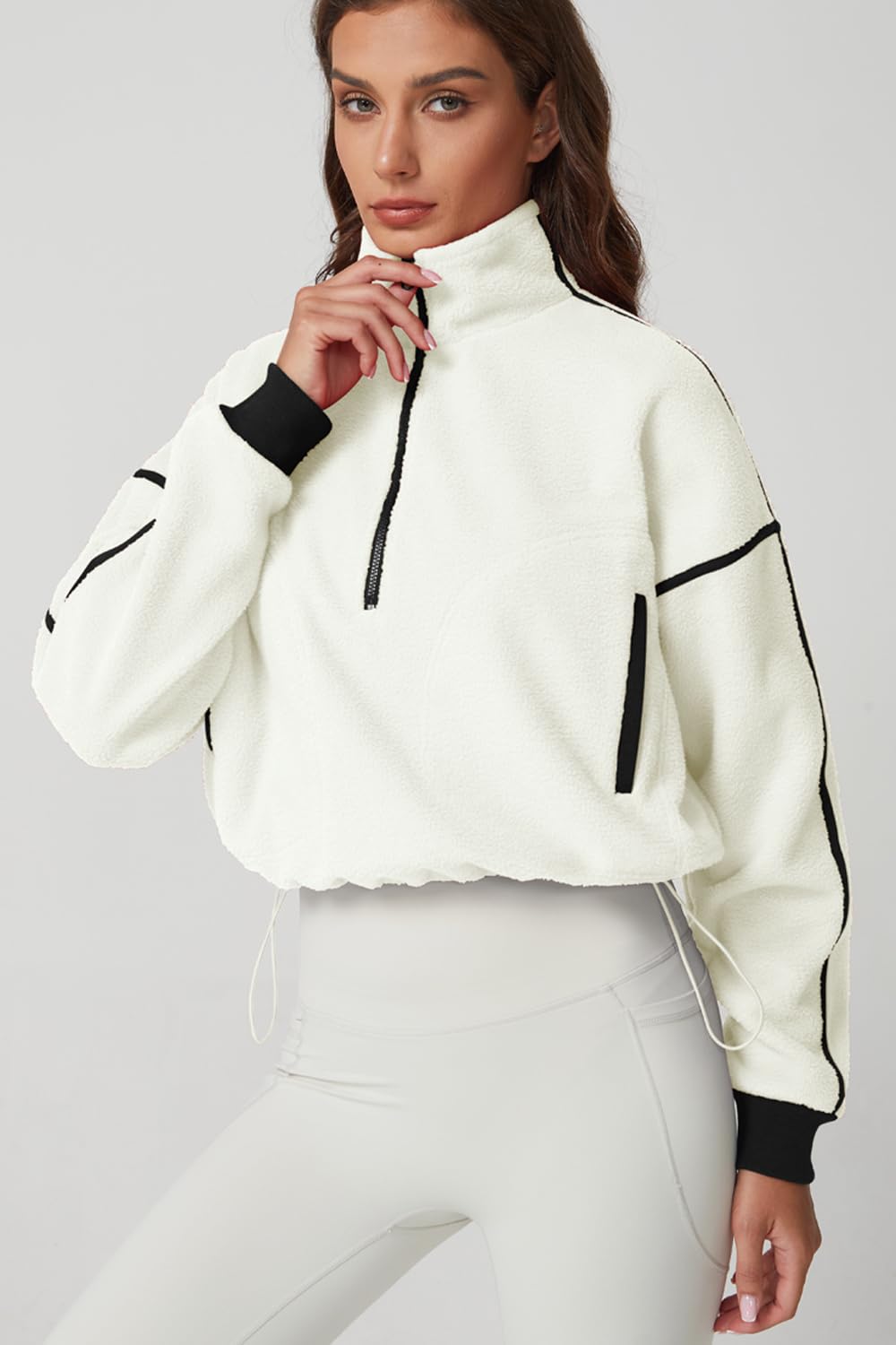 QINSEN Women Sherpa Coat Half Zip Long Sleeve Baggy Short Jacket Mock Neck Fleece Outwear Beige M