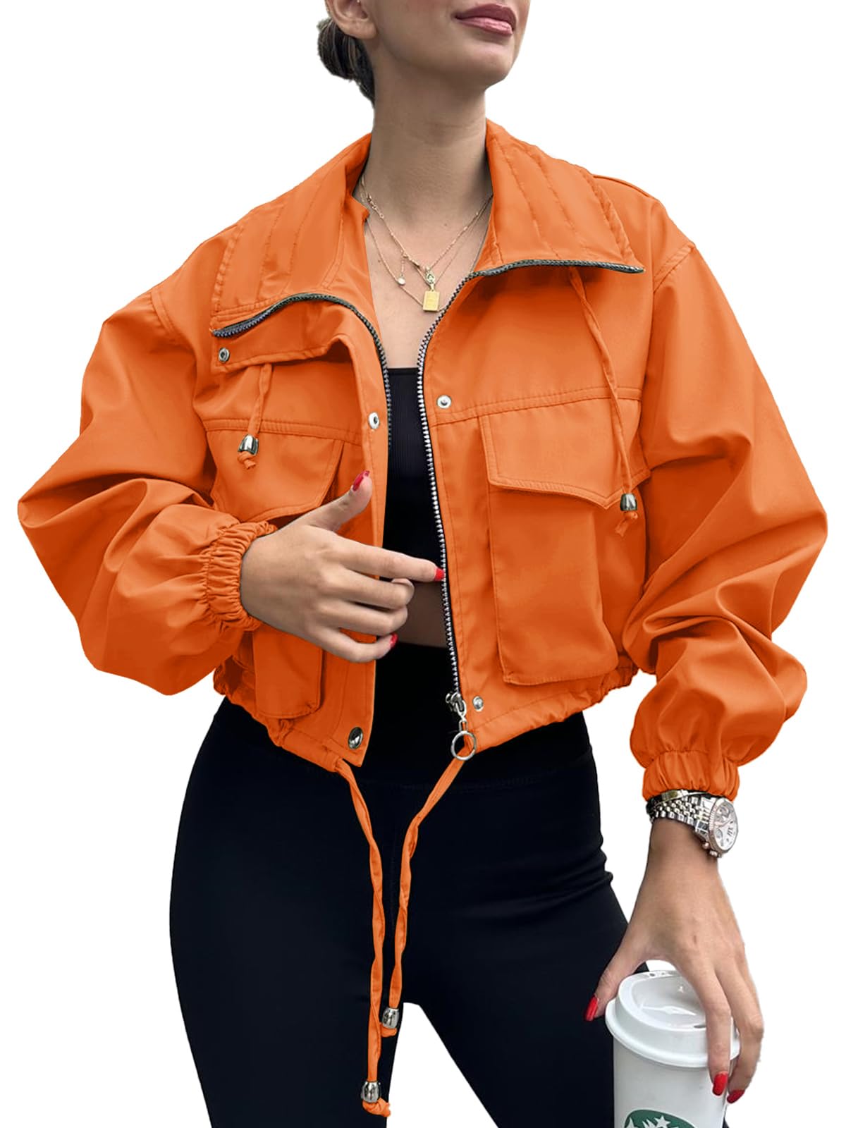 Tankaneo Womens Cropped Jacket Zip Up Lightweight Oversized Utility Anorak