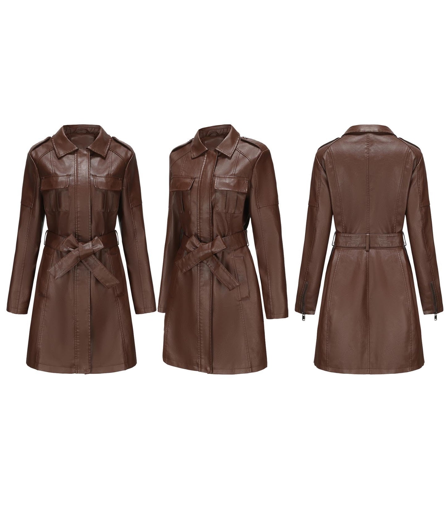 SOMTHRON Women's Mid Length Faux PU Leather Trench Coat Long Sleeve Zip Up Lapel Long Jacket Overcoat with Belt CO-S