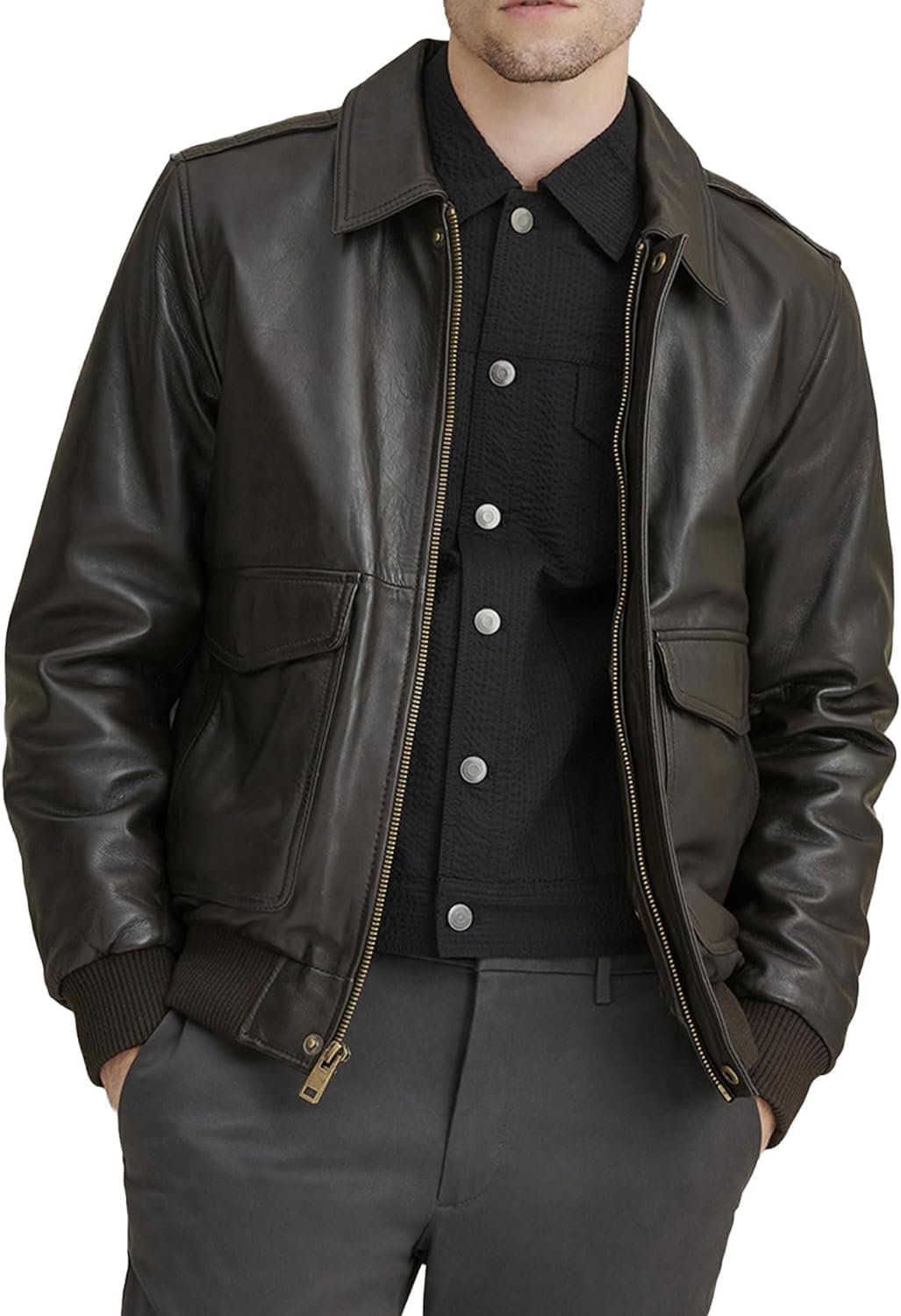 Men's Classic A2 Aviator WWII Flying Tiger Leather Jacket - Pilot Bomber Leather Jacket With Shirt Collar For Men (US, Alpha, Large, Regular, Regular, Dark Brown)