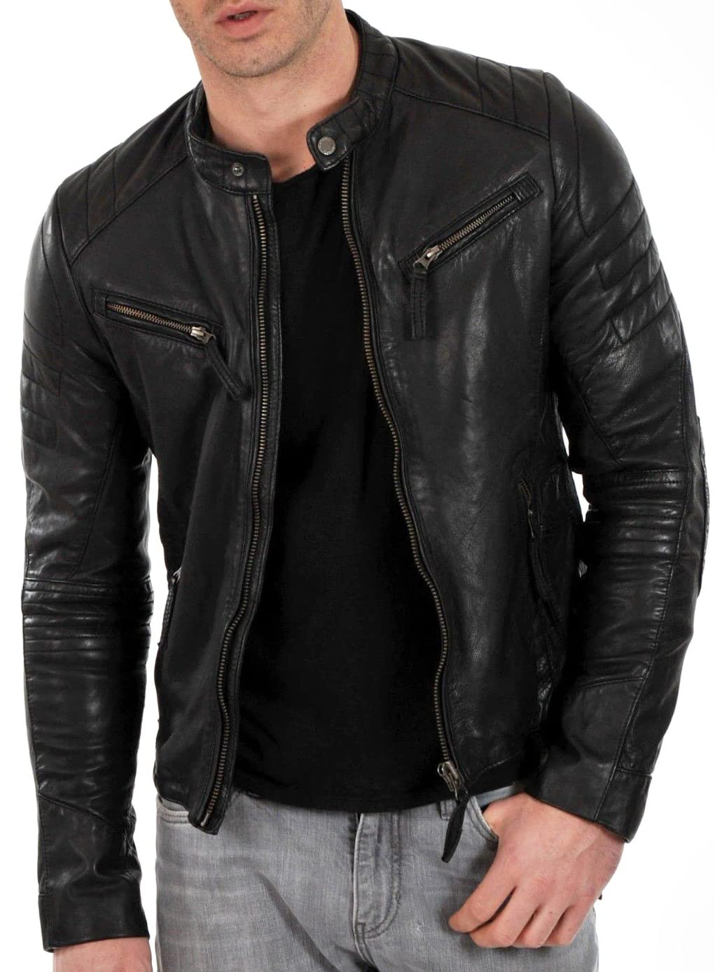 DECIMAL Men's Black & BROWN Genuine Lambskin Leather Biker Jacket VINTAGE REAL MOTORCYCLE JACKETS FOR MEN (M, BLACK)