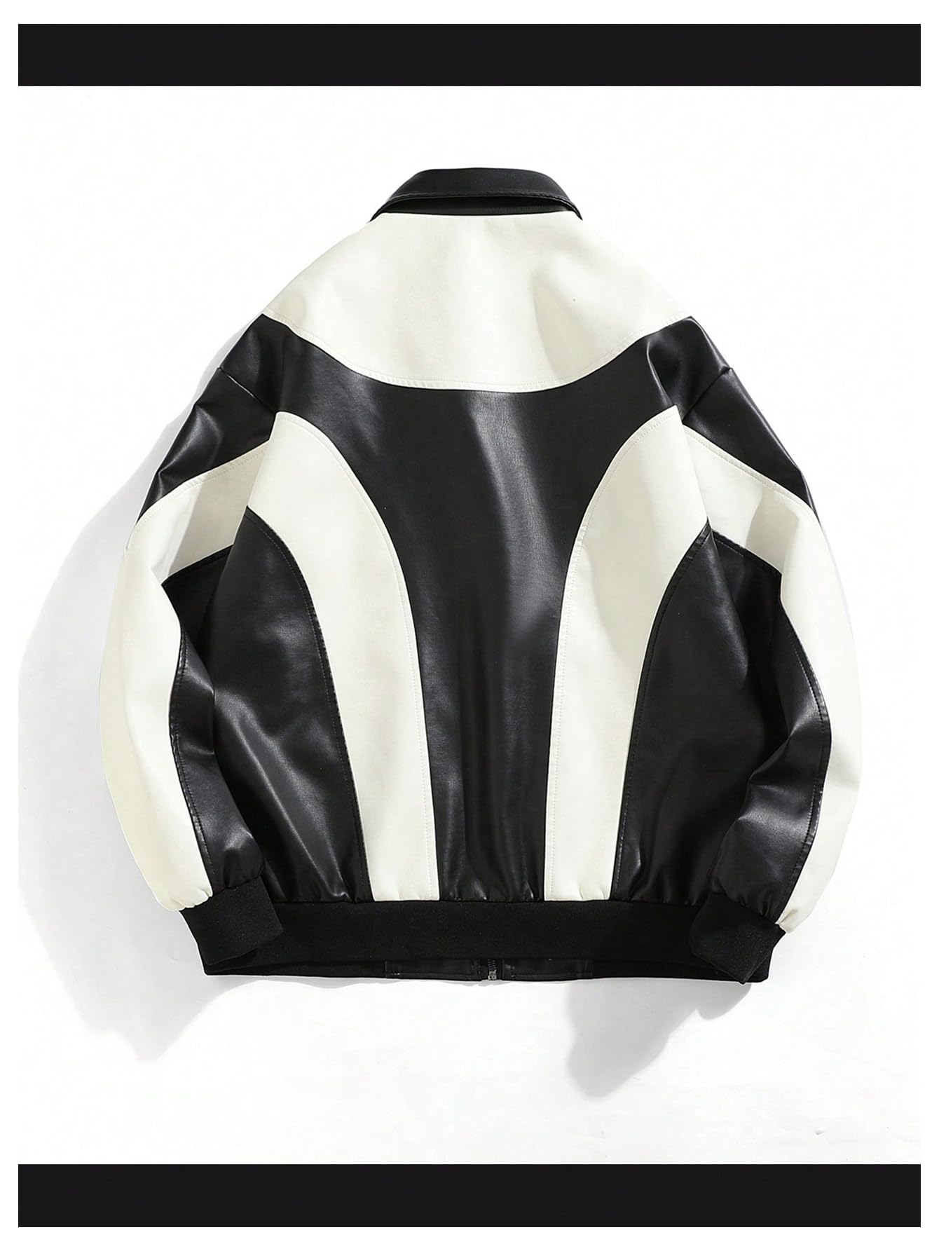 BEAUDRM Men's Y2k PU Leather Jacket Color Block Motorcycle Coat Zip Up Long Sleeve Outerwear with Pockets Streetwear Black and White Medium