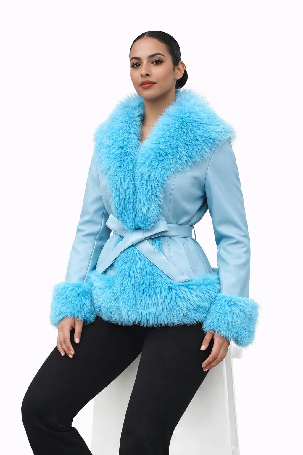 DLNYC Waist Length Warm Winter Vegan Leather Jacket with Faux Fur Trim (US, Alpha, Large, Regular, Regular, Blue)