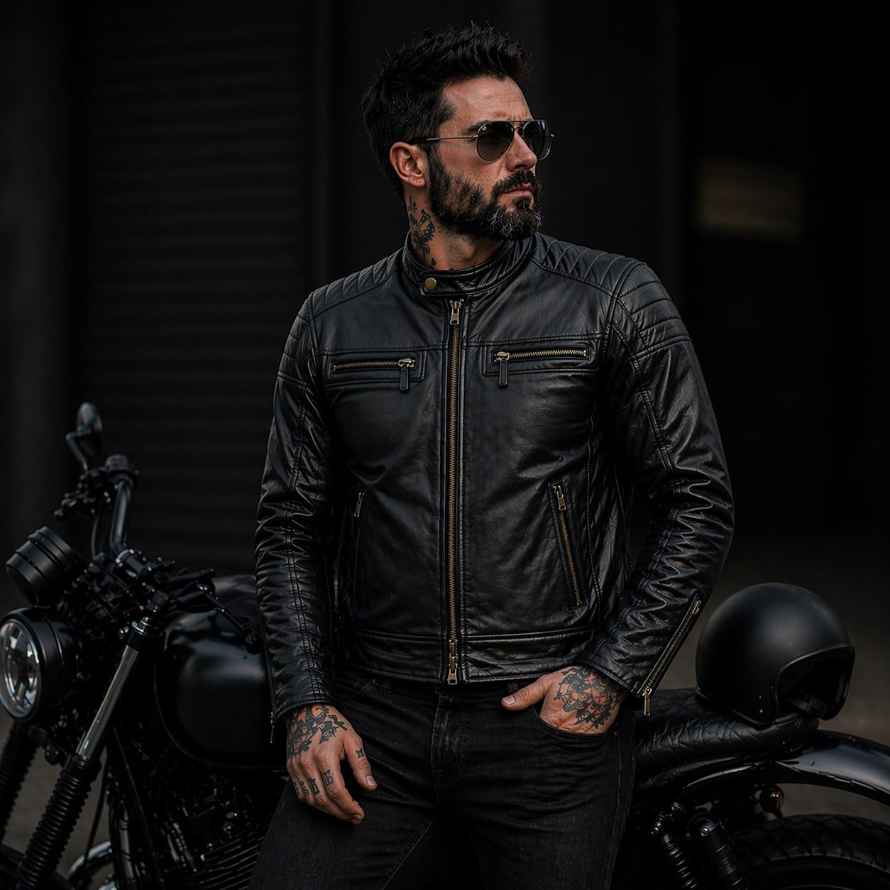 BTR BORN TO RACE Men's Motorbike Leather Jacket Distress Zip Up Bikers Riding Protection Motorcycle Leather Jackets (US, Alpha, Medium, Regular, Regular, Natural Black-Jacket)