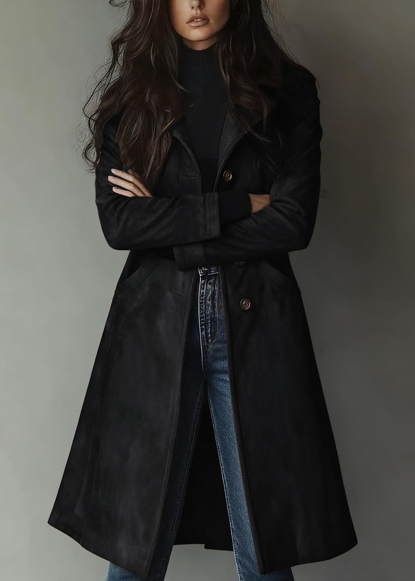 chouyatou Women's Fall Faux Suede Leather Trench Coat Casual Lapel Midi Long Dressy Blazer Jacket Coat with Pockets (X-Small, Black)