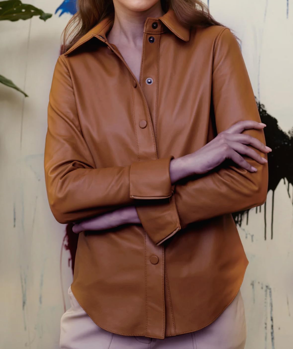 Jild Casual Shirt Real Leather Jacket Women - Long Sleeve Snap Button Down Soft Lambskin Leather Shacket Regular and Plus Size (LS-Tan-L)