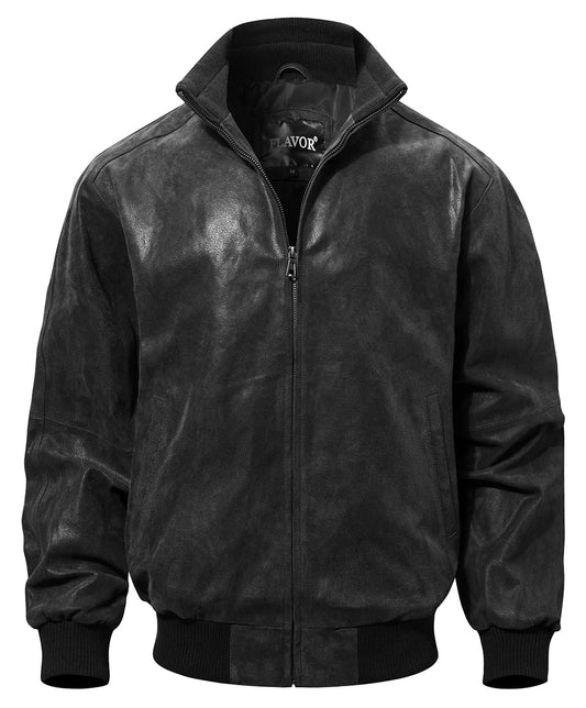 FLAVOR Men's Real Leather Bomber Casual Jacket (Large, Black)