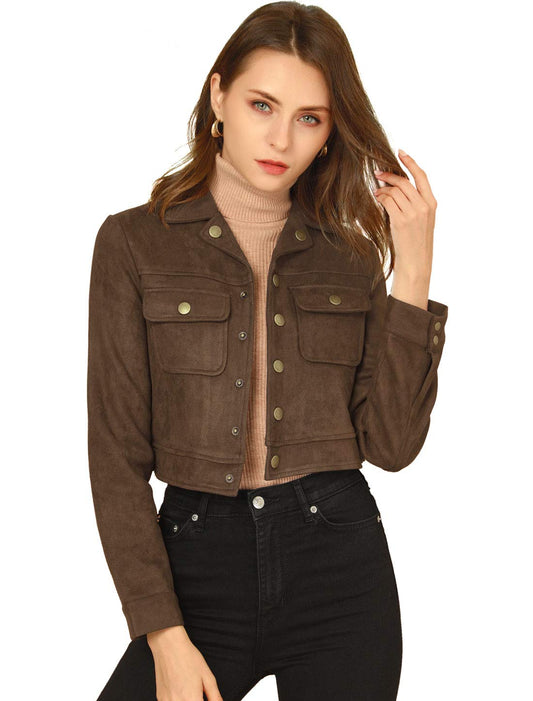 Allegra K Women's Faux Suede Jacket Button Down Collar Crop Outerwear