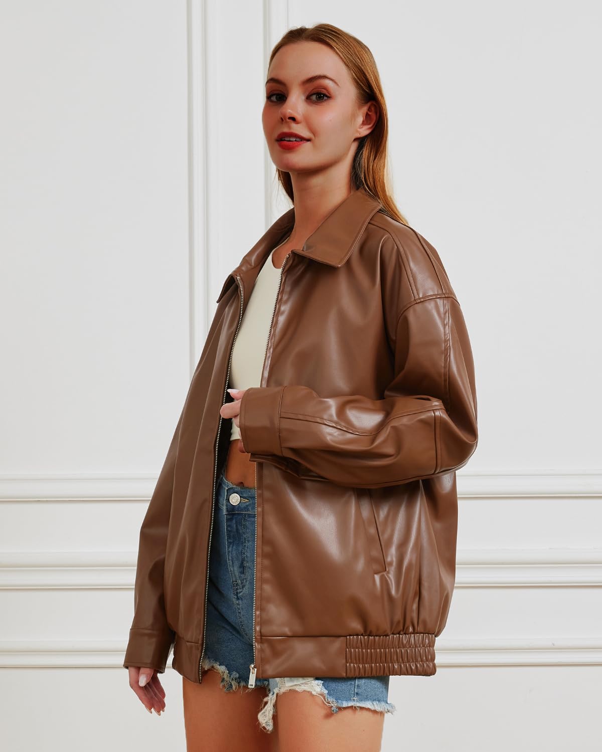 Keoouure Leather Jacket Women Oversized Faux Jacket Fall Fashion Motorcycle Coat 2026 Outfits Clothes Y2k Tops