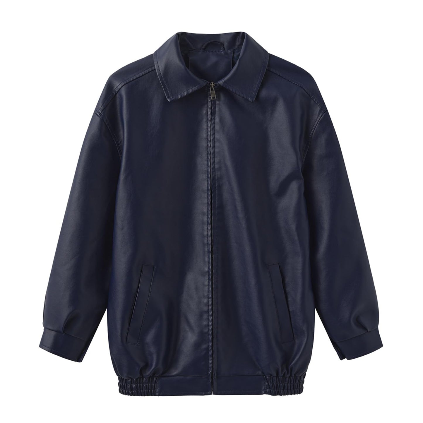 hathne Women's Oversized Leather Jackets Faux Zip Up Fall Fashion Motorcycle Jackets Coats Winter Clothes(Dark Blue,S)