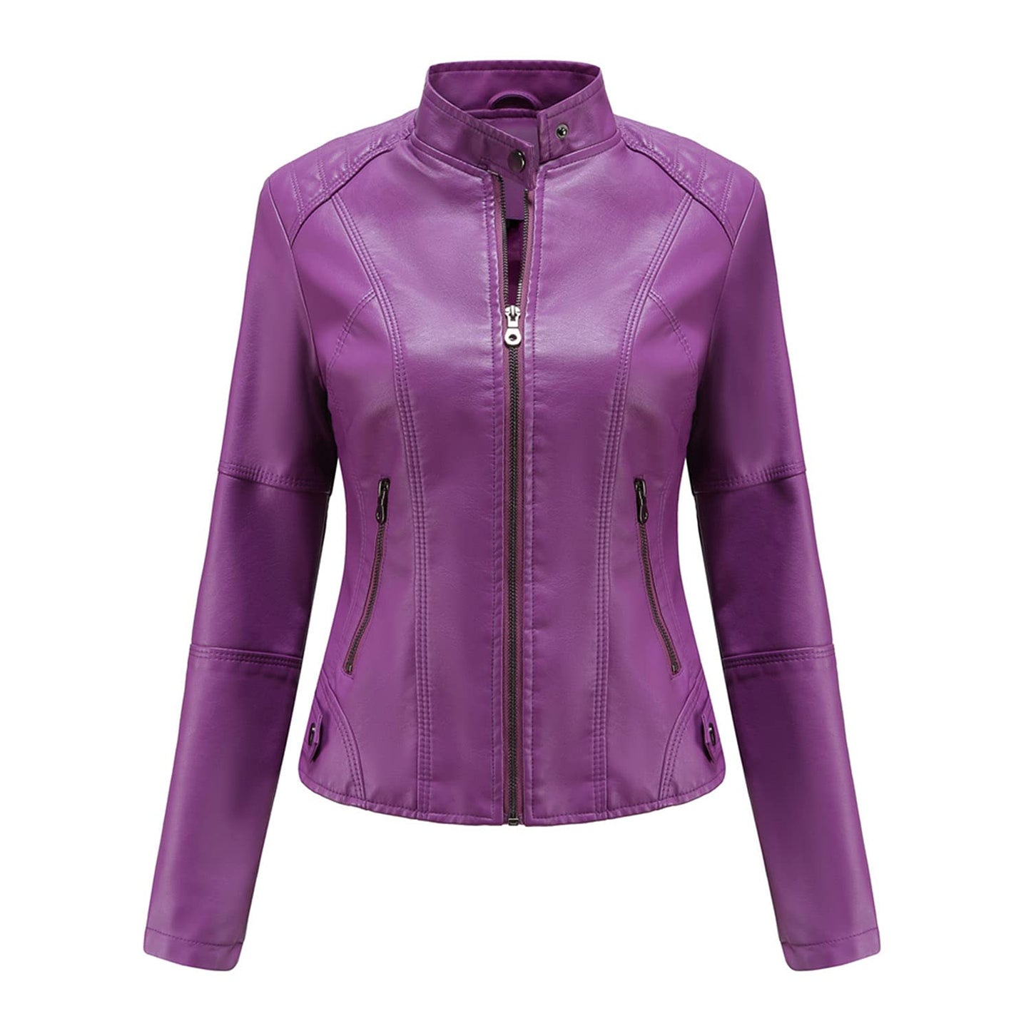 DEAR MODEL Faux Leather Jacket Women Bomber Jacket Women's Belted Motorcycle Jacket,Purple,S