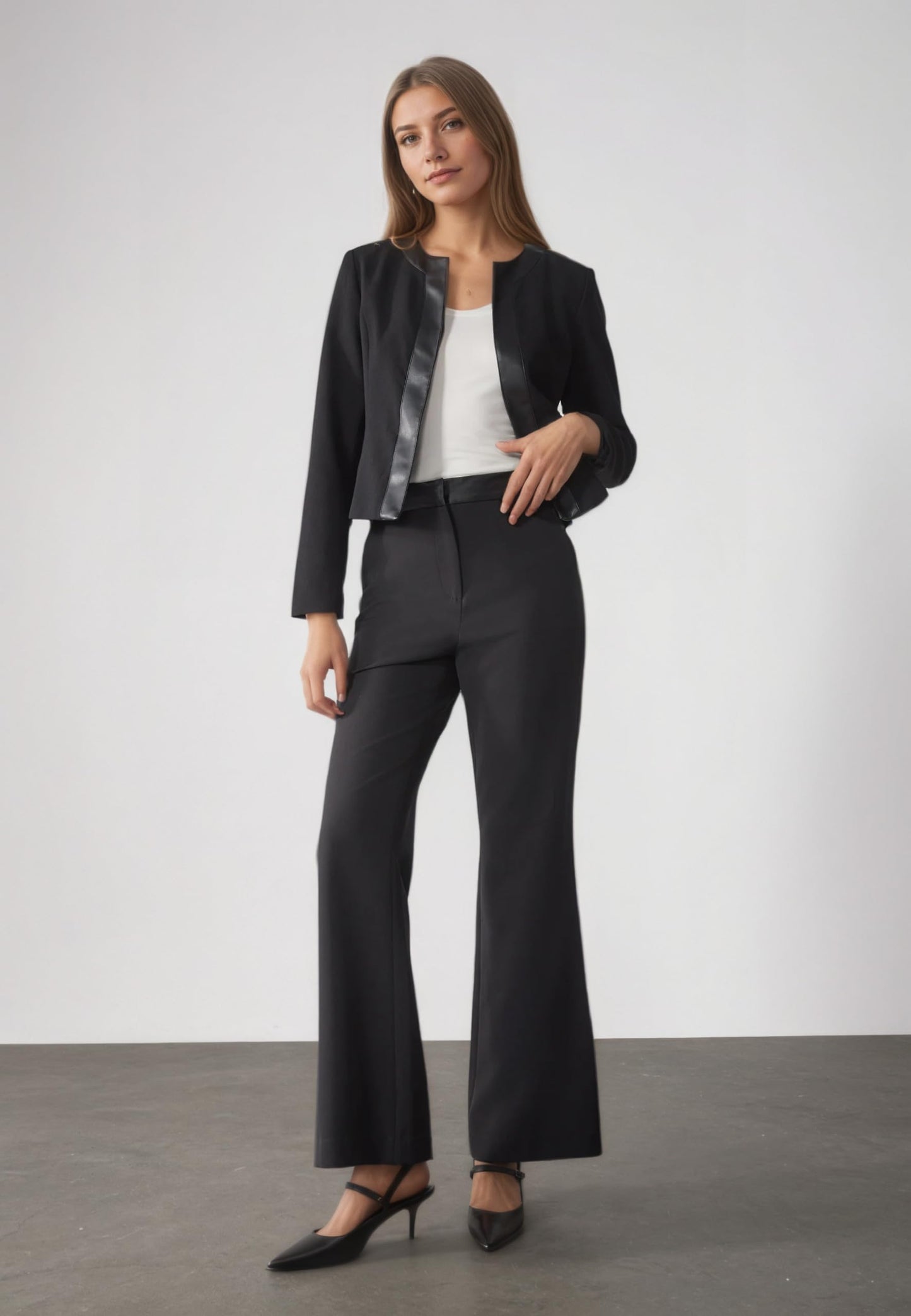 SS-Sunrise Fashion Women's Black Blazer Jacket with Faux Leather Trim, Long Sleeve, Collarless Design (X-Large, Black)